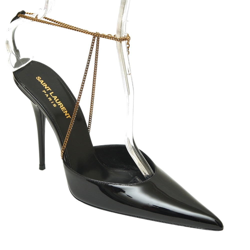 SAINT LAURENT Black Patent Leather Pump CLAW CHAIN YSL Logo Heel Gold Ankle 38.5